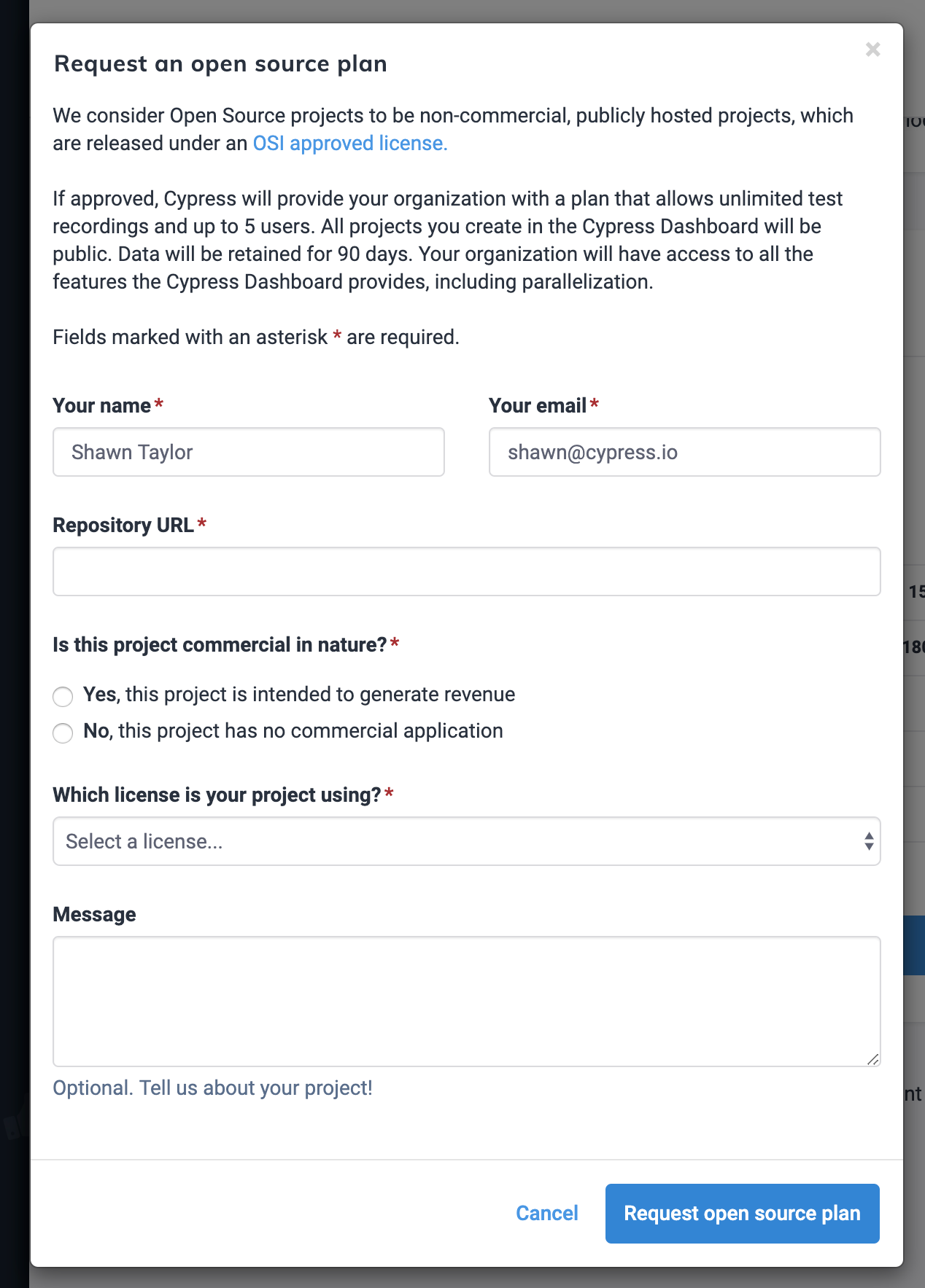 OSS plan request form